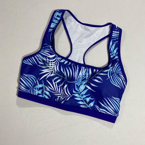 Womens Medium Blue & Black Racerback Swim Top With Tropical Print - Picture 2 of 5